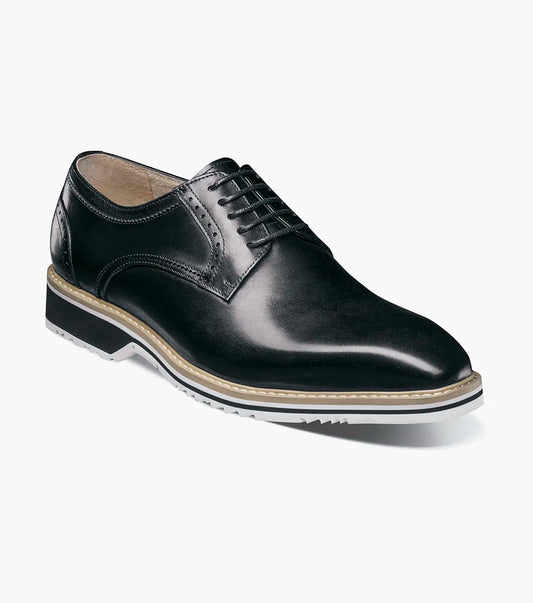 The Stacy Adams Barringer Plain Toe Oxford (Black, 25722-001) features lace-up leather with subtle crocodile print, tan trim, and a white and black rubber sole, shown in a side view on a plain white background.