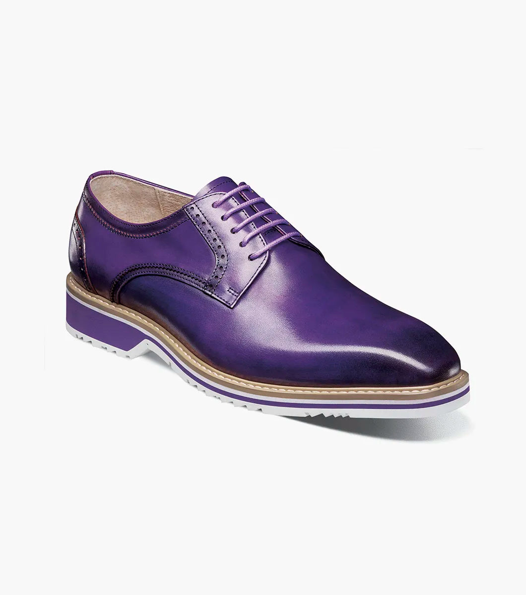 The STACY ADAMS Barringer Plain Toe Oxford (Purple, 25722-542) is a single purple leather lace-up dress shoe with a low heel, contrasting sole, and Memory Foam footbed, shown on a plain white background.