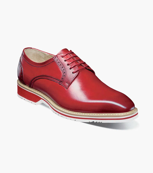 The Stacy Adams Barringer Plain Toe Oxford (25722-600) is a single red leather lace-up dress shoe with a leather upper, tan and white sole, and decorative stitching, shown on a white background.