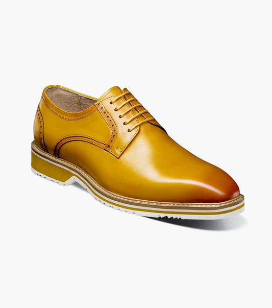The Stacy Adams Barringer Plain Toe Oxford (25722-700) is a yellow leather lace-up dress shoe with a durable rubber outsole and white and tan sole, shown in a side profile against a white background.