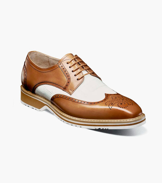 The Stacy Adams Beaumont Wingtip Oxford in Natural Multi (25723-289) features brown and white leather, brogue detailing, leather lining, and a white sole, shown here against a white background.
