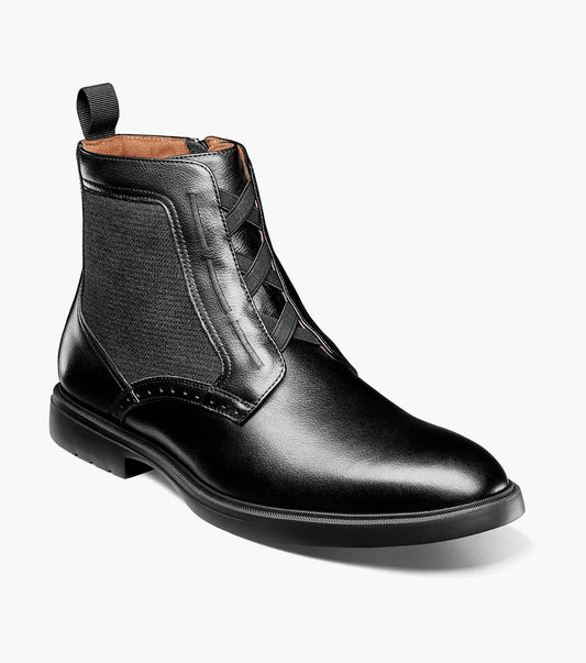 The Stacy Adams Thompson Plain Toe Elastic Lace Boot in black features a side zipper, elastic panel, pull tab, and supportive RedZone footbed by STACY ADAMS, shown on a white background.