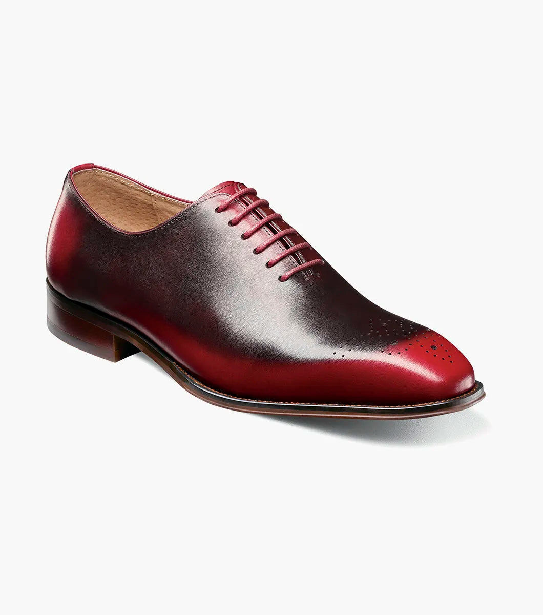 The STACY ADAMS Hallquist Plain Toe Oxford in red (25742-600) features black leather, laces, memory foam insole, low heel, and decorative toe perforations. Displayed individually on a white background.