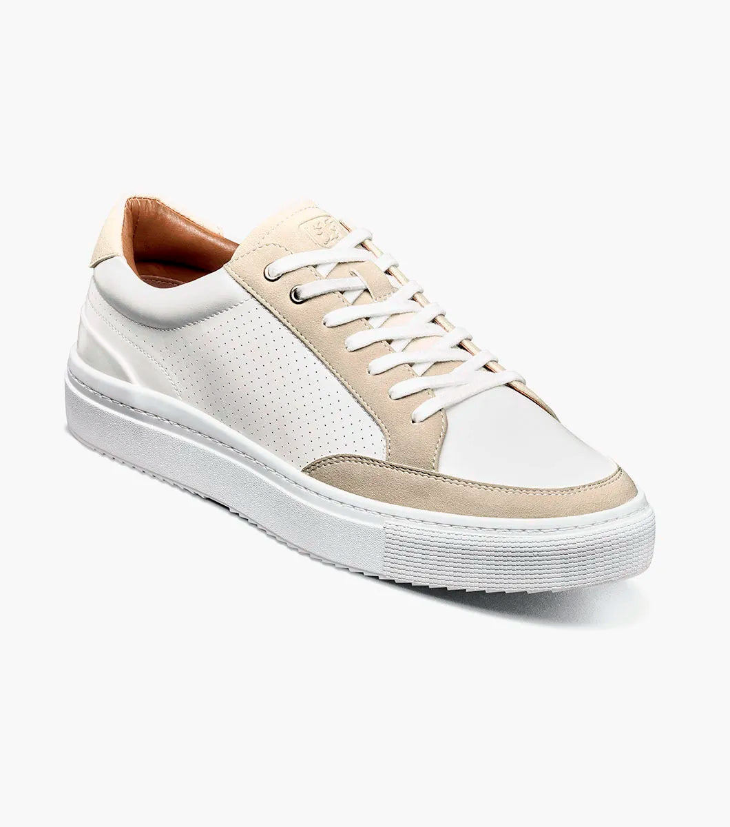 The STACY ADAMS Dorian Moc Toe Lace Up in white (25749-100) features perforated side panels, white laces, a white rubber sole, and enhanced arch support, shown against a plain white background.