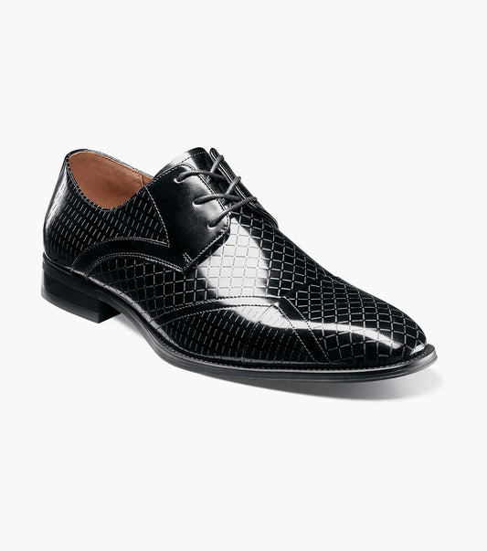 The Stacy Adams Hobson Cap Toe Oxford (25764-001) is a single black dress shoe with shiny, laser-etched geometric leather and black laces, displayed on a plain white background.