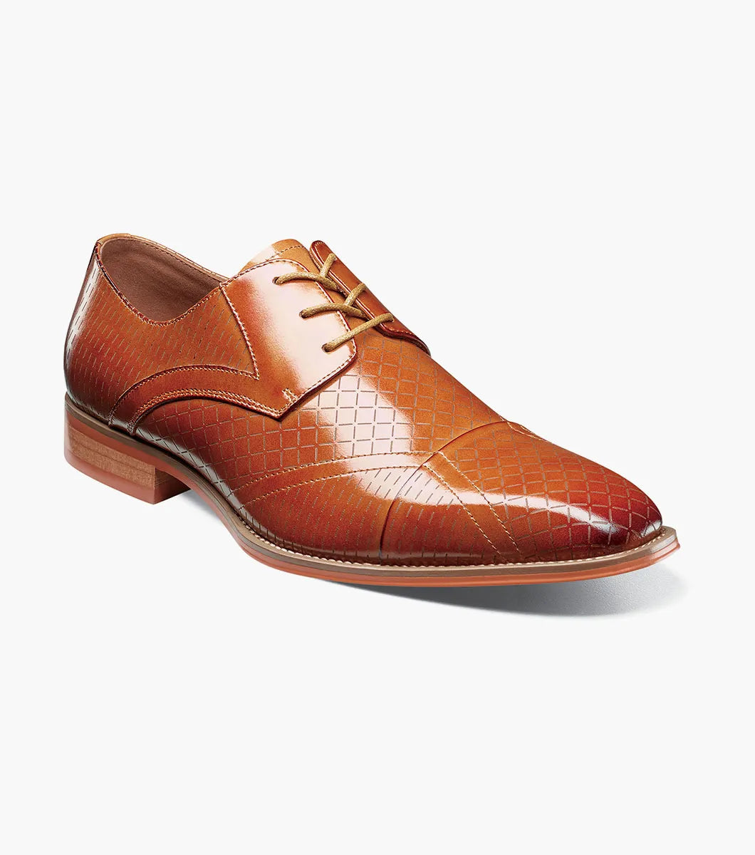 The Stacy Adams Hobson Cap Toe Oxford (Tan, 25764-240) is a calf leather dress shoe with a diamond-patterned cap toe, lace-up closure, low heel, and memory foam insole, shown on a white background.