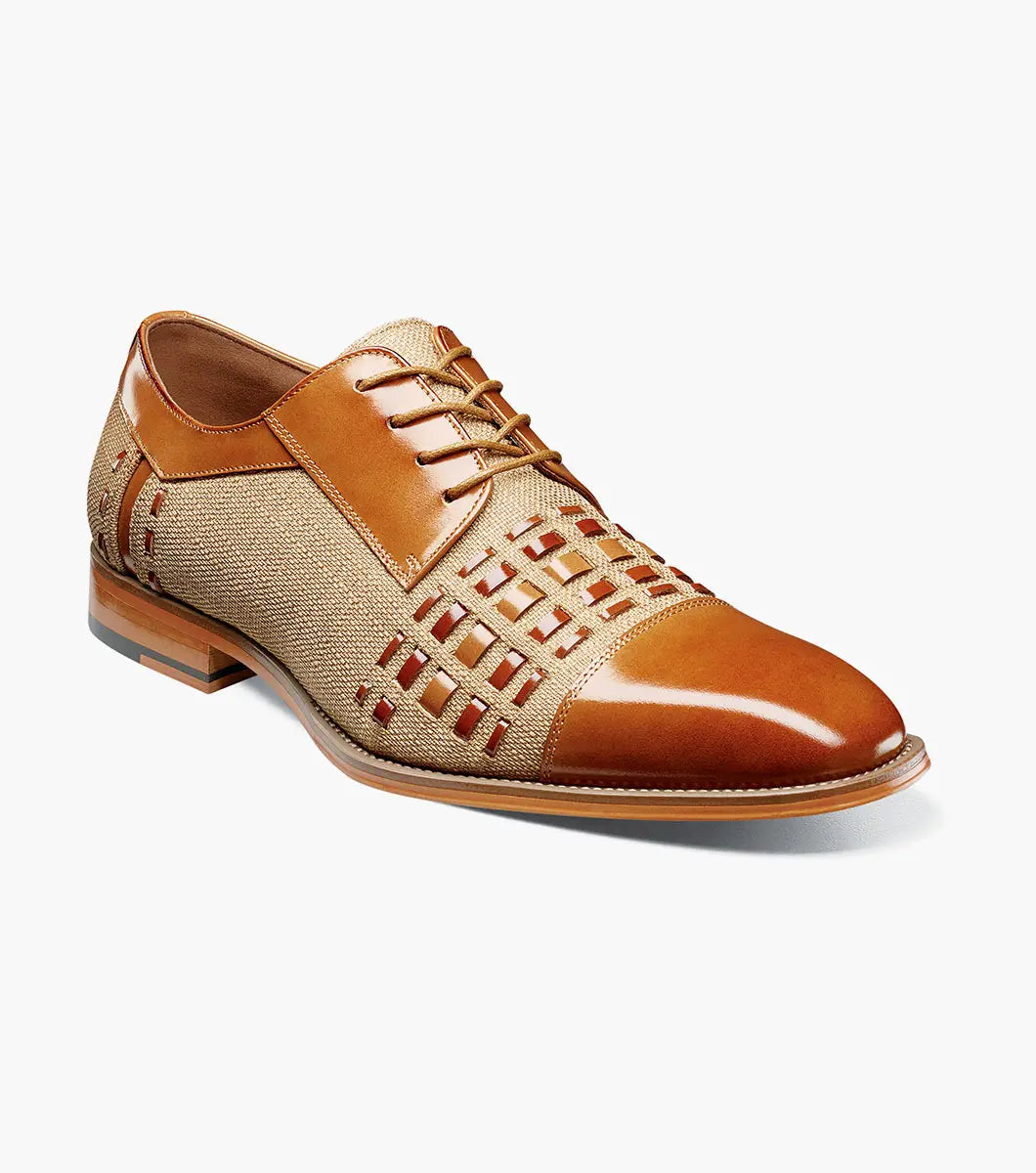 The Stacy Adams Halstead Cap Toe Oxford (Tan Multi, 25765-238) features tan calf leather, beige fabric with a lattice cutout upper, brown laces, and a Memory Foam footbed—shown on a white background.