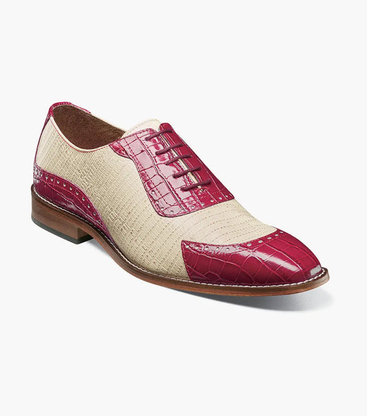 The STACY ADAMS Tarango Modified Cap Toe Oxford (Raspberry/Ivory) features beige textured sides with raspberry crocodile print leather on the toe, eyestay, and heel.