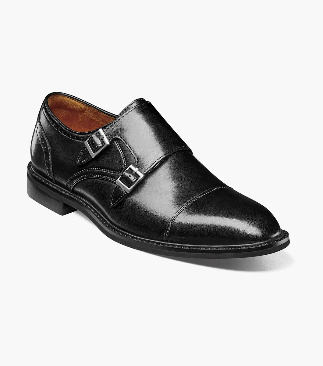 The STACY ADAMS Boswell Cap Toe Double Monk Strap (Black, 25779-001) features an insole for leather shoes with a molded heel cup, cushioned heel pod, and anatomical arch support.