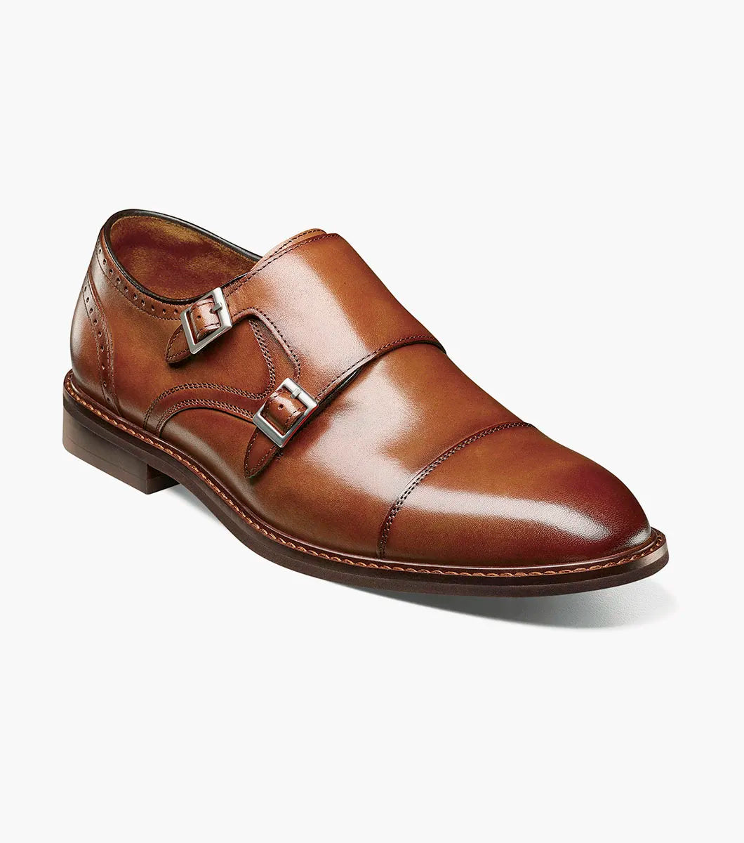 STACY ADAMS Boswell Cap Toe Double Monk Strap in Brandy (25779-226) features a cap toe, low heel, and silver buckles, shown on a white background.