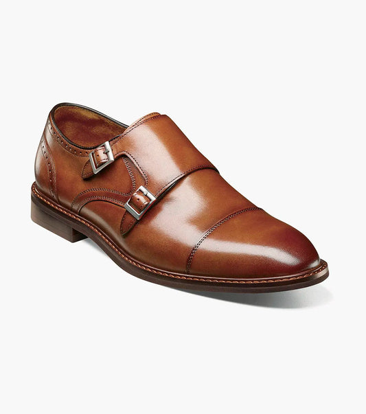 STACY ADAMS Boswell Cap Toe Double Monk Strap in Brandy (25779-226) features a cap toe, low heel, and silver buckles, shown on a white background.