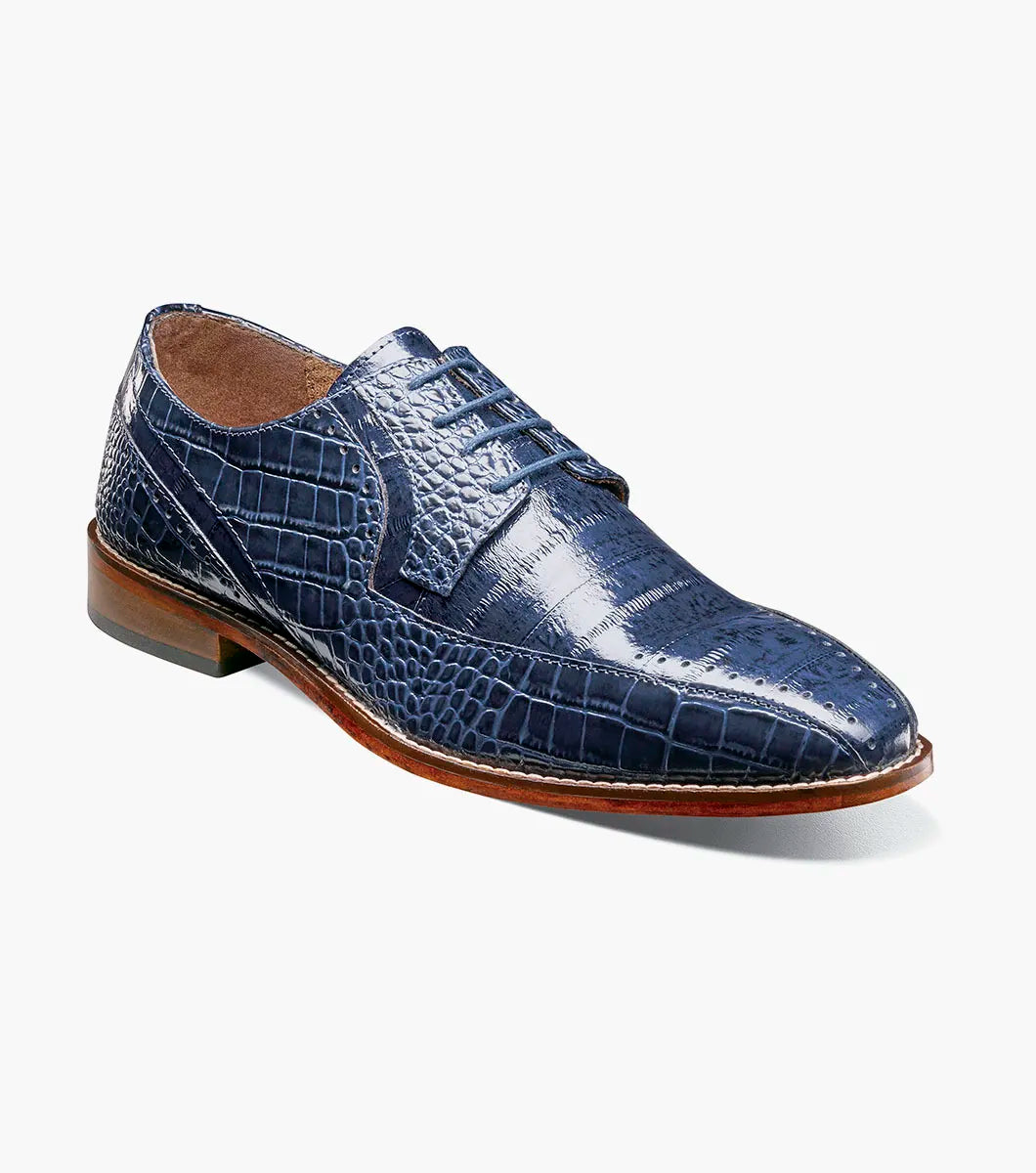 The Stacy Adams Talamanco Bike Toe Oxford (style 25788-400) is a single blue crocodile print leather dress shoe with a bike toe, brown sole, and RedZone footbed by STACY ADAMS, displayed on a white background.