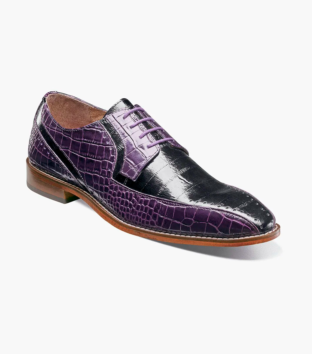 The Stacy Adams Talamanco Bike Toe Oxford (Style 25788-540) is a men’s dress shoe from STACY ADAMS, featuring a glossy black and purple crocodile print leather upper, brown sole, purple laces, and a supportive RedZone footbed—all presented on a plain white background.