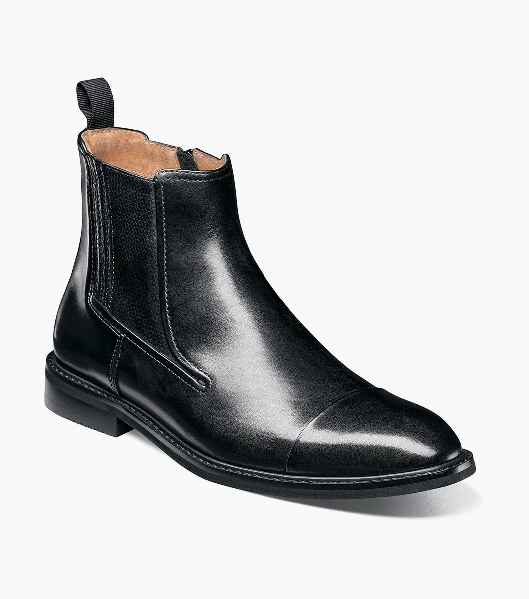 Stacy Adams Berkshire Cap Toe Side Zip Boot in black, featuring a side zipper, cap toe design, and low heel, displayed on a white background.