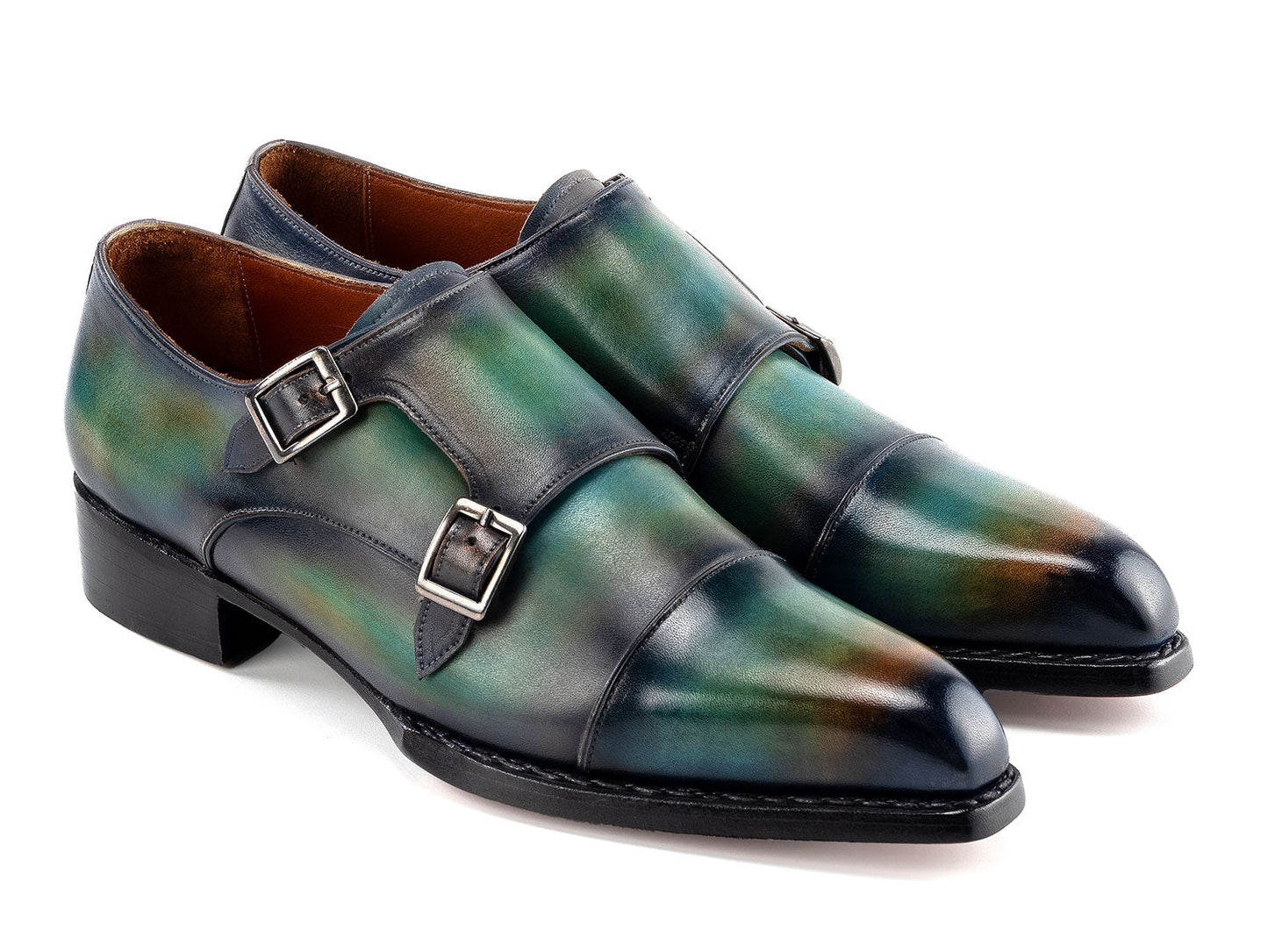 Paul Parkman Men's Cap Toe Double Monkstrap Shoes feature a green and blue patina finish, silver buckles, and hand-painted leather for a unique style. Model: 2598-5BG.