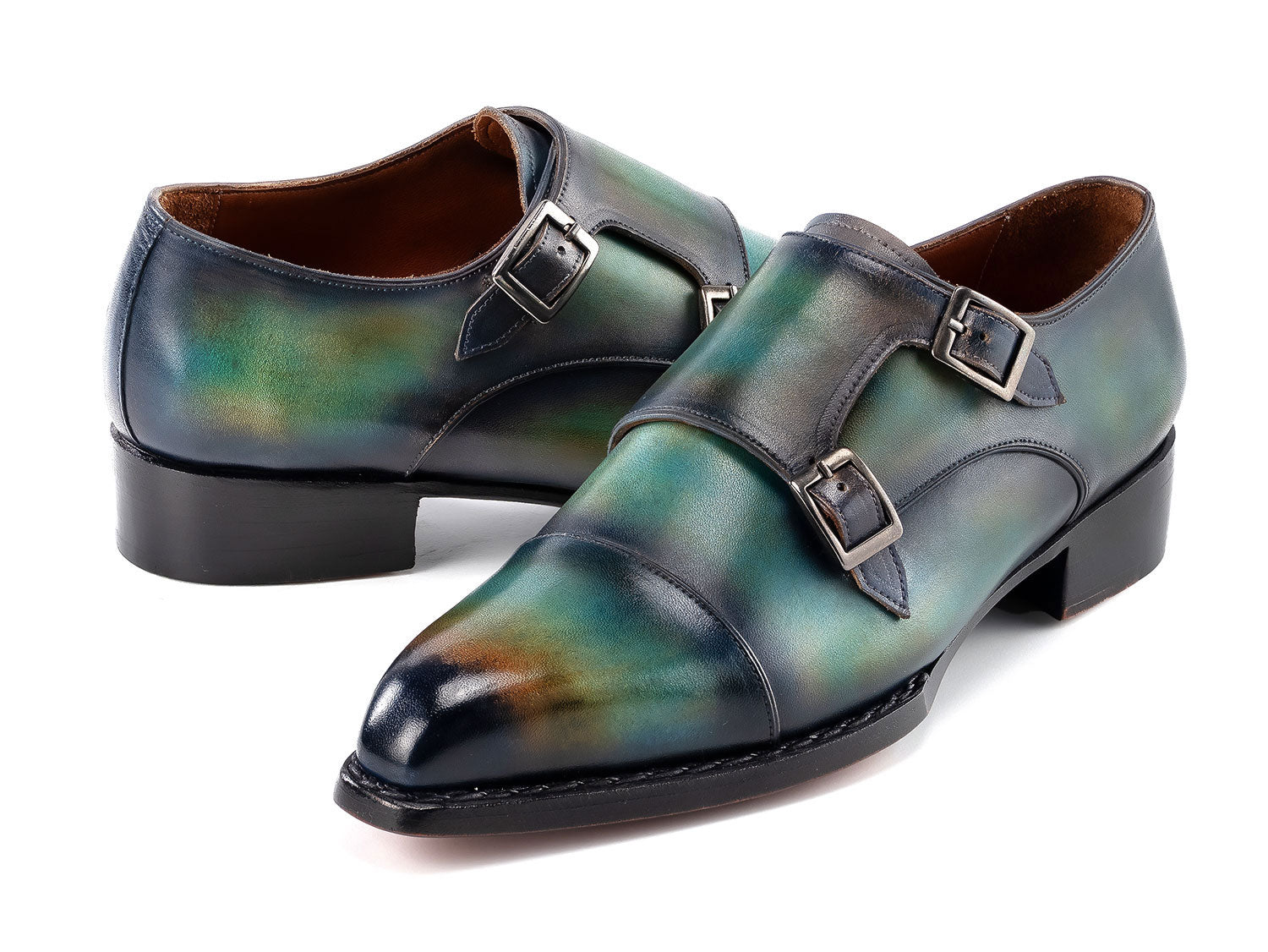Paul Parkman Men's Cap Toe Double Monkstrap Shoes feature a green and blue patina finish, silver buckles, and hand-painted leather for a unique style. Model: 2598-5BG.
