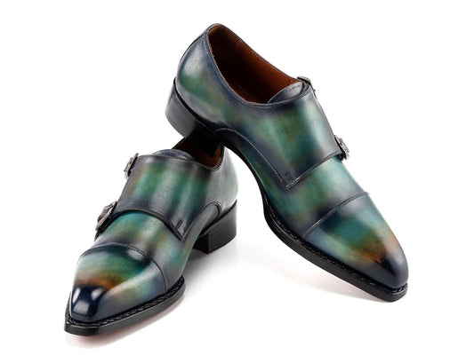 Paul Parkman Men's Cap Toe Double Monkstrap Shoes feature a green and blue patina finish, silver buckles, and hand-painted leather for a unique style. Model: 2598-5BG.