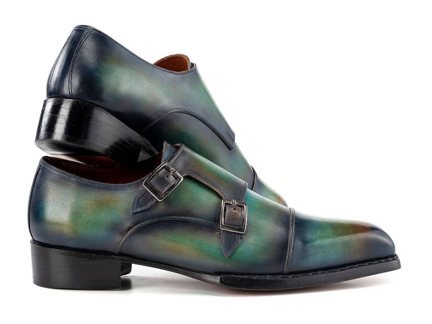 Paul Parkman Men's Cap Toe Double Monkstrap Shoes feature a green and blue patina finish, silver buckles, and hand-painted leather for a unique style. Model: 2598-5BG.