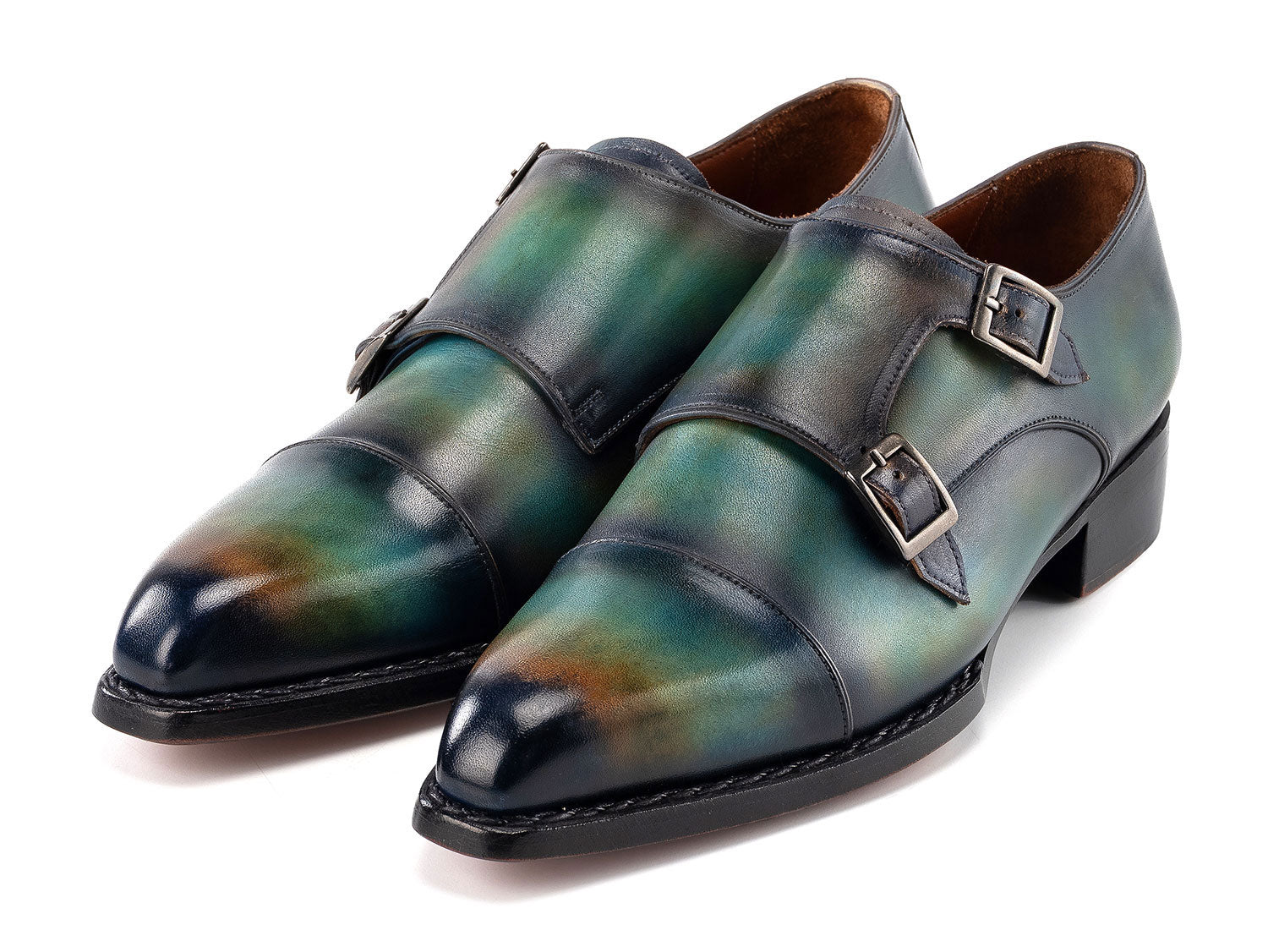 Paul Parkman Men's Cap Toe Double Monkstrap Shoes feature a green and blue patina finish, silver buckles, and hand-painted leather for a unique style. Model: 2598-5BG.