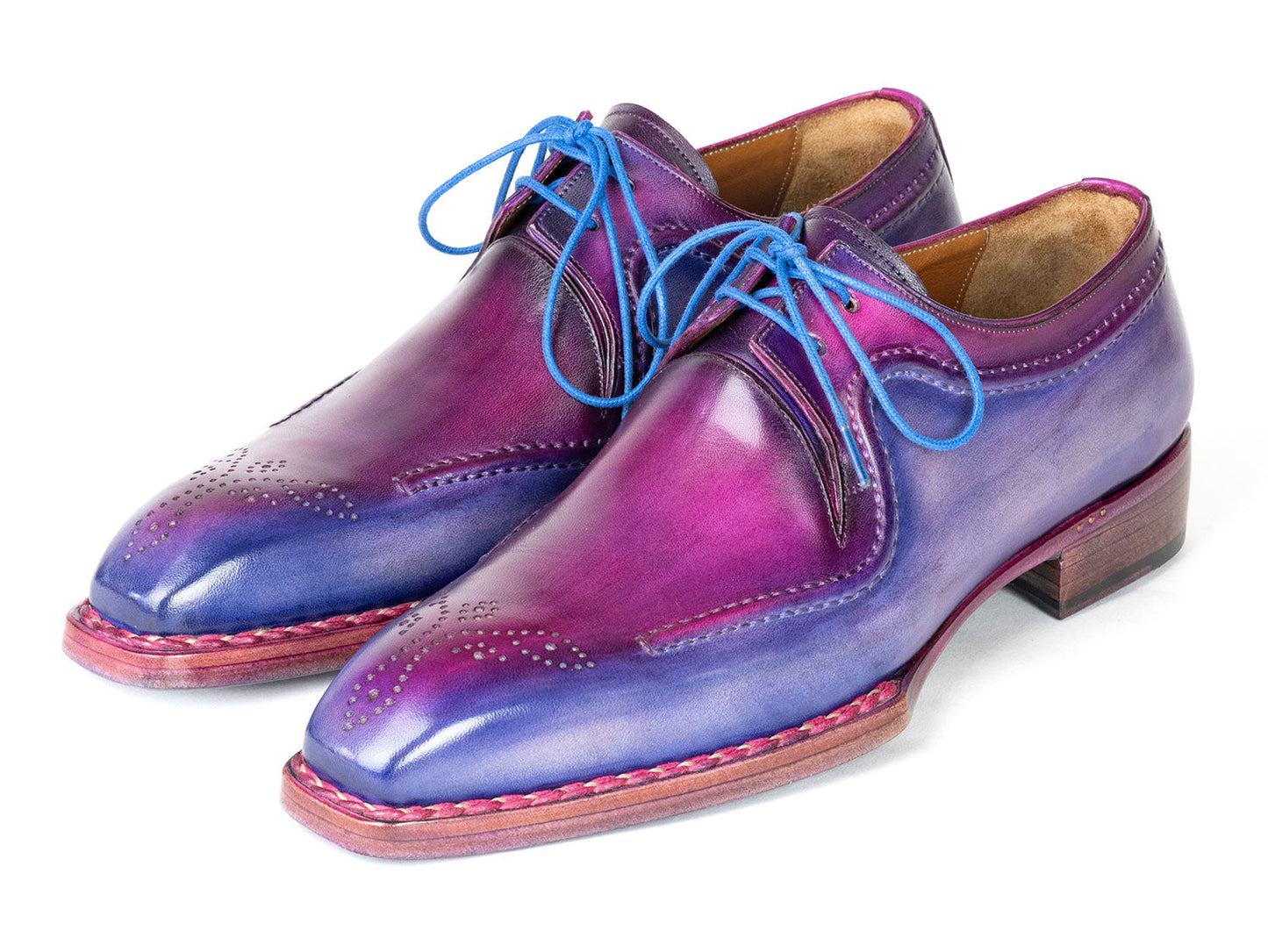 Paul Parkman Men's Hand-Welted Blue & Purple Leather Derby Shoes - 326G19, featuring blue laces and a medallion toe with decorative perforations on the toe caps.
