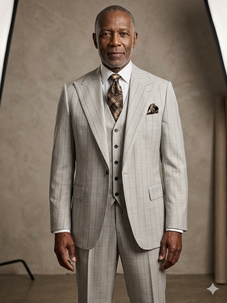 An older man faces forward, wearing a Tiglio Rosso Bardolino Grey Pinstripe Semi Wide Leg suit WS26508, with a white shirt, patterned tie, and matching pocket square, set against a neutral studio backdrop.