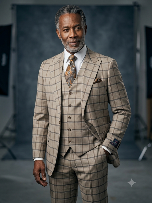 A man wearing the Tiglio Luxe Cannes Modern Fit Brown Windowpane Suit TL8317 by Tiglio Luxe stands in a photography studio with a gray backdrop and visible lighting equipment, showcasing the elegance of this tailored men's ensemble.