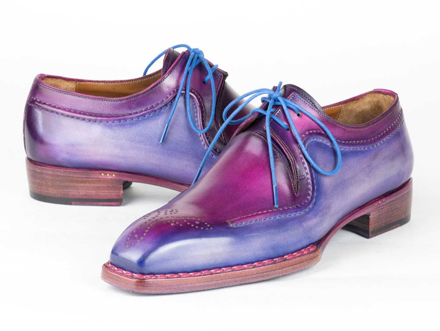 Paul Parkman Men's Hand-Welted Blue & Purple Leather Derby Shoes - 326G19, featuring blue laces and a medallion toe with decorative perforations on the toe caps.