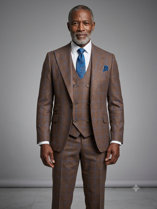 A distinguished older man with gray hair and a beard is seen wearing the Tiglio Rosso Orvietto Rust/Blue Windowpane Semi Wide Leg Suit, paired with a crisp white shirt and blue paisley tie, standing against a plain gray backdrop. His refined appearance highlights the timeless elegance of the Tiglio Rosso brand.