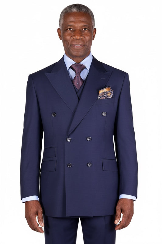 The Tiglio Rosso DB Este French Blue suit, paired with a light blue shirt, maroon tie, and patterned pocket square, exudes the sophisticated style unique to Tiglio Rosso suits.