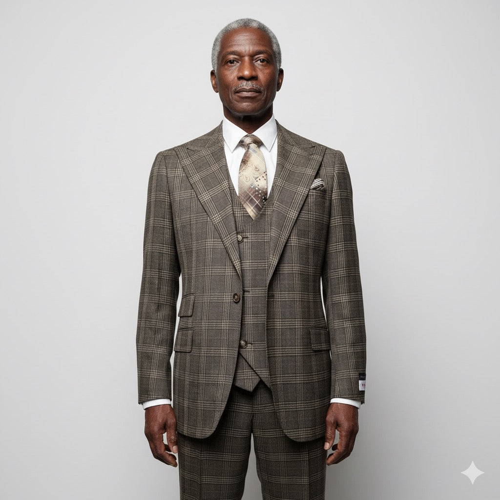 A mannequin showcases the Tiglio Rosso Orvietto Brown Plaid TL7525 suit, available in select sizes, paired with a patterned tie against an industrial concrete backdrop.