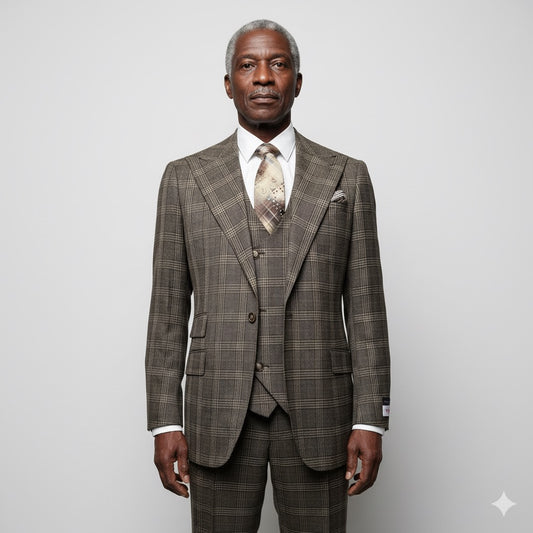 A mannequin showcases the Tiglio Rosso Orvietto Brown Plaid TL7525 suit, available in select sizes, paired with a patterned tie against an industrial concrete backdrop.
