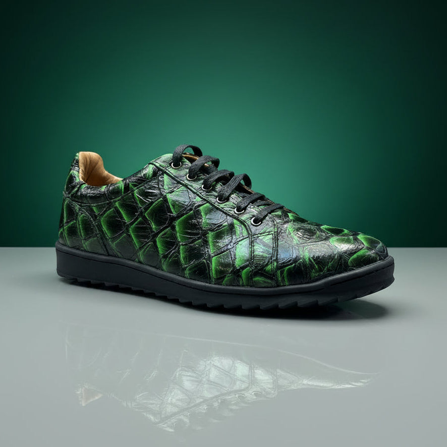 A single BELVEDERE Belvedere Shoe 8 clearance sneaker in green and black snakeskin pattern with black laces (Size 8.5 only) is displayed on a wooden surface. Please note, this is a FINAL SALE item and cannot be exchanged or returned.