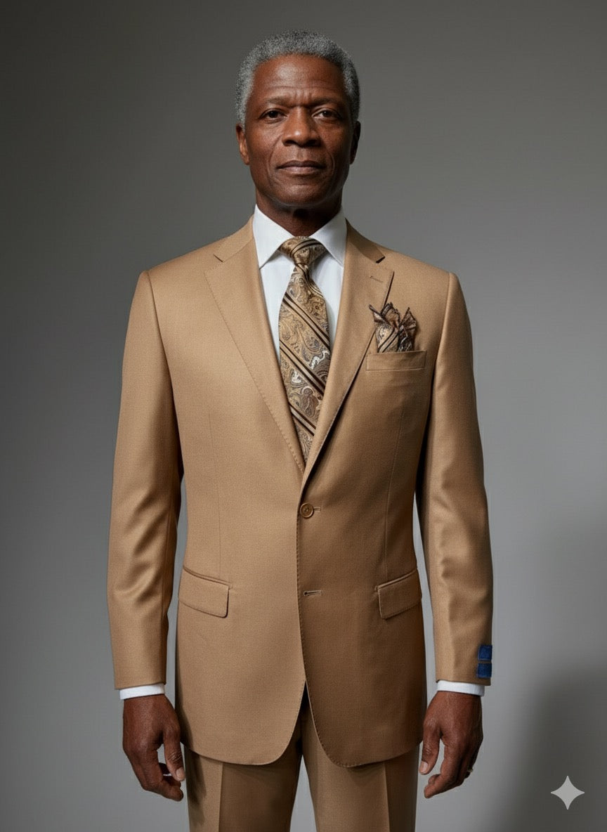 The CAVELLI Cavellini Uomo Dolcetto MODERN FIT Suit 6667/46 is displayed on a mannequin, paired with a brown and beige tie and pocket square, set against a gray background—ideal lightweight office wear.