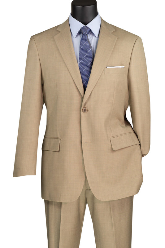 A Vinci Suits mannequin showcases the Regular Fit 2 Piece Beige Suit 2LK-1 with a blue shirt, patterned tie, and white pocket square, all crafted in textured weave for a refined appearance.