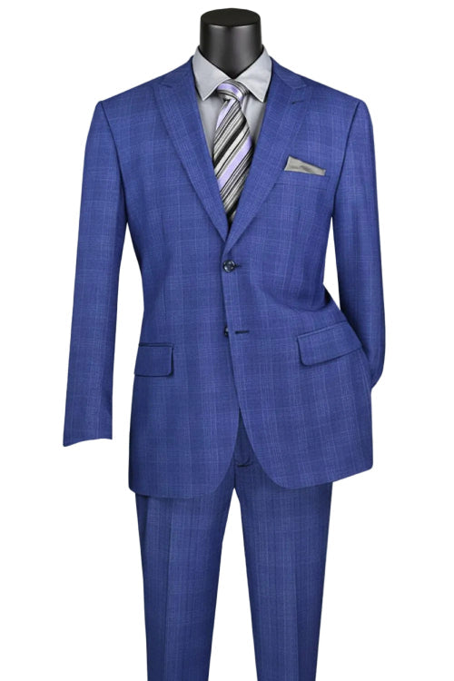 Vinci Suits Glen Plaid Dress Suit 2 Piece Regular Fit Blue 2RW-1, a blue glen plaid suit with regular fit flat front pants, a grey dress shirt, a striped necktie, and a pocket square.