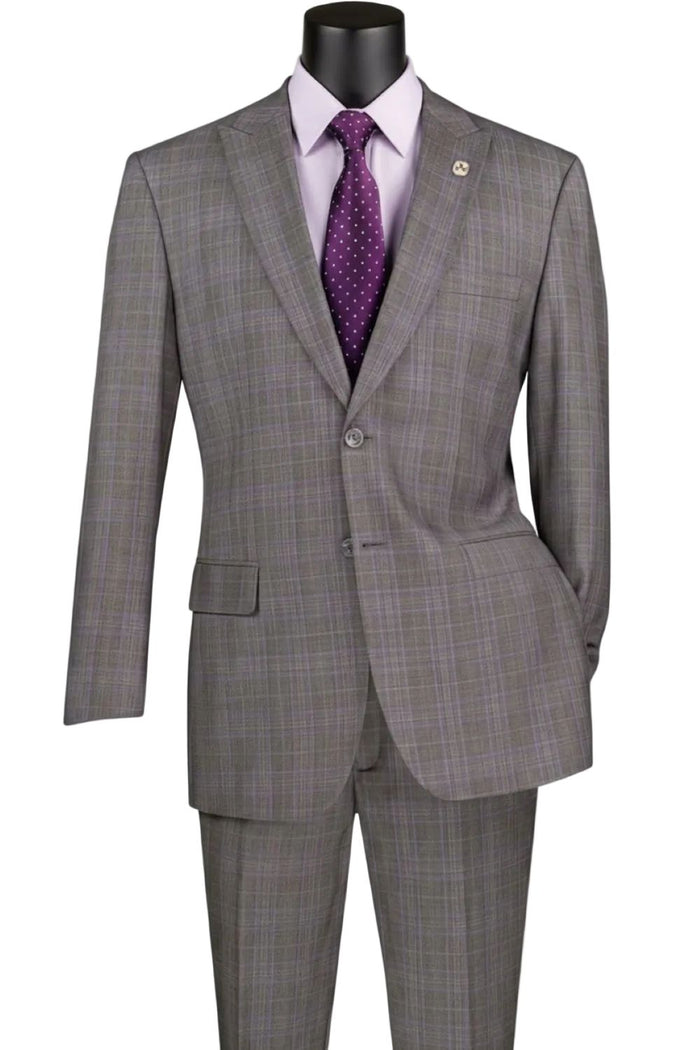 Vinci Suits Glen Plaid Dress Suit 2 Piece Regular Fit Gray 2RW-1, a regular fit gray glen plaid two-piece suit with flat front pants, paired with a light purple dress shirt and a dark purple polka-dot tie.