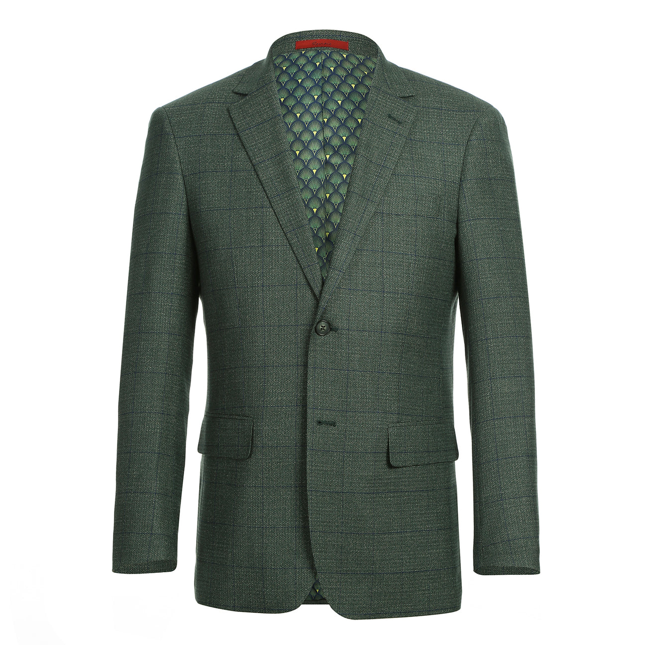 The Alessandro Vitello by Renoir New Slim Fit Green Blazer 294-36 features a dark green plaid, single-breasted design with two buttons, notch lapel, and flap pockets, shown on a mannequin with a white shirt and blue striped tie.
