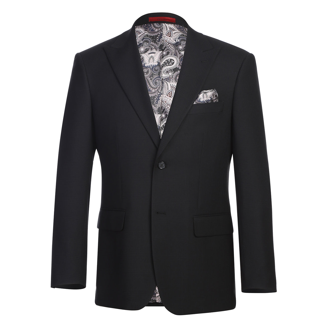 The Alessandro Vitello by Renoir New Slim Fit Black Suit 293-57 by Renoir is displayed on a mannequin with a black single-breasted jacket, white dress shirt, patterned tie, and pocket square.
