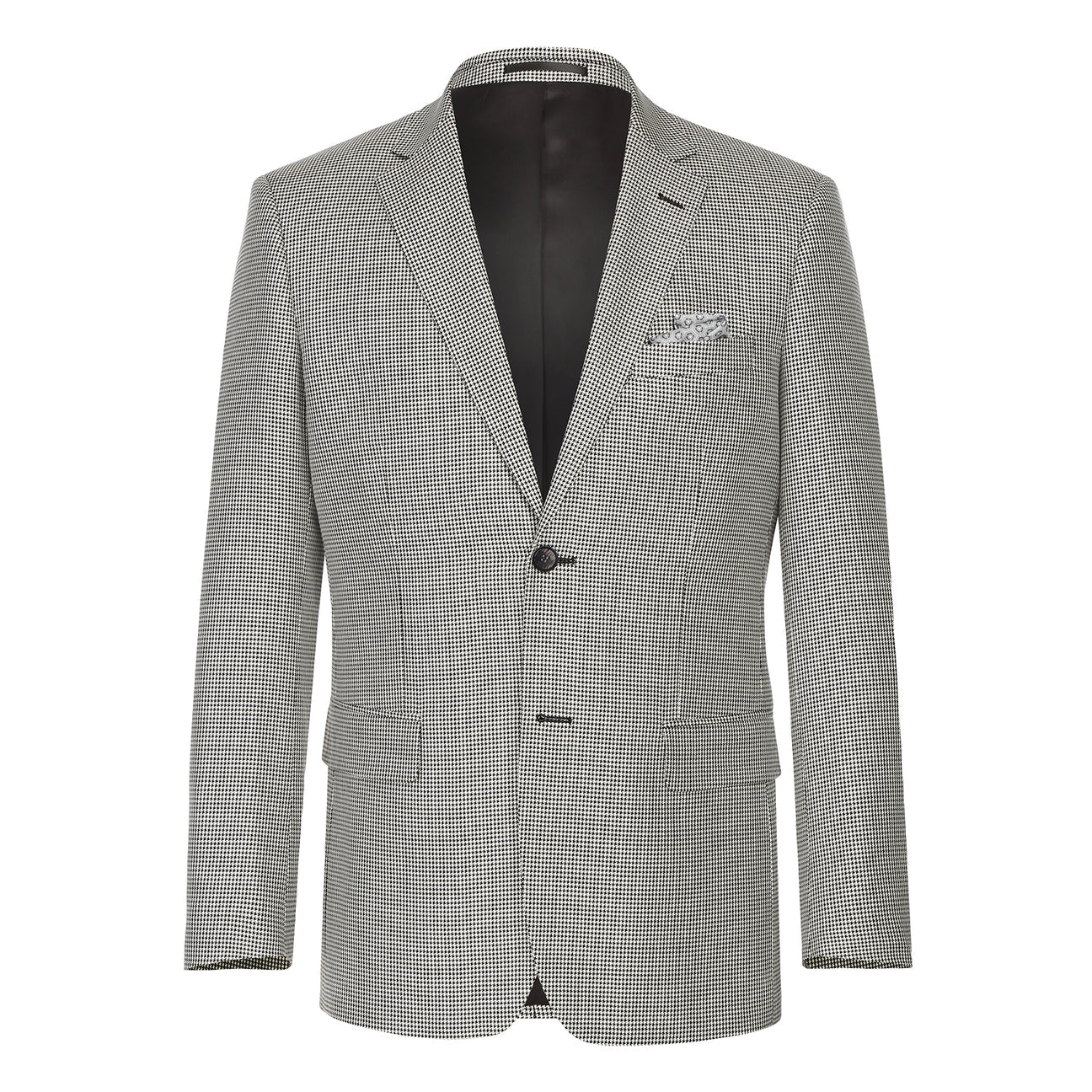 The Alessandro Vitello by Renoir New Slim Fit Wool Off White Black Blazer 565-20 by Renoir, shown with a white dress shirt and striped tie on a headless mannequin.