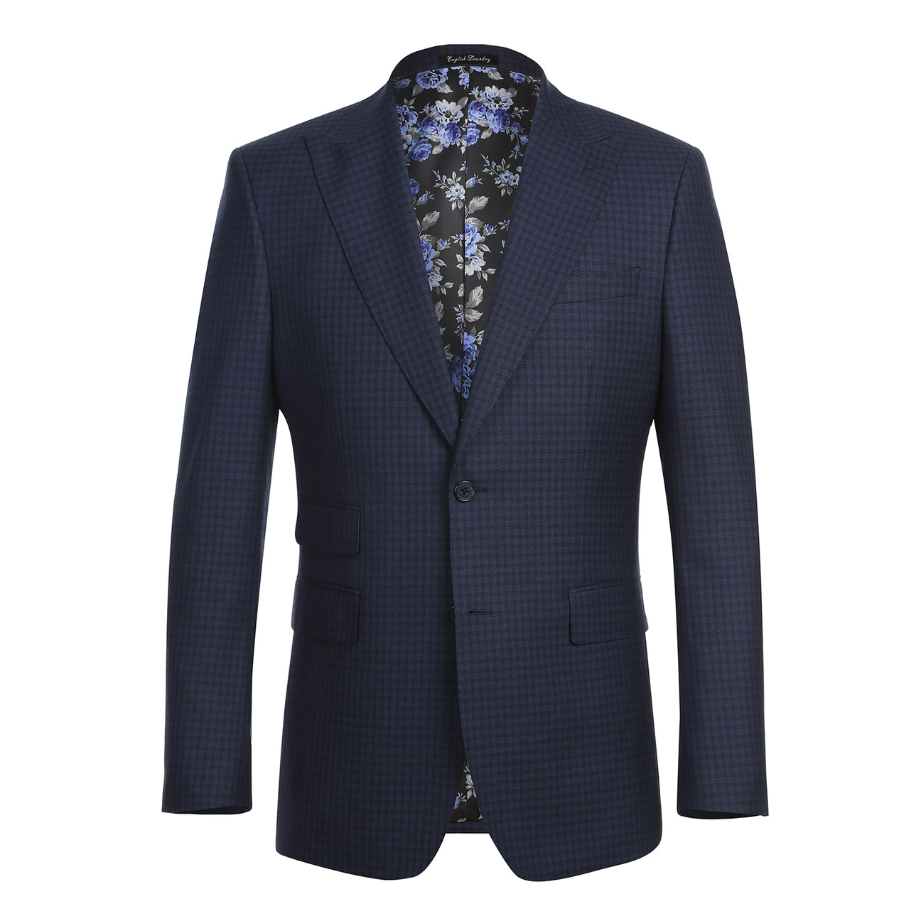 The ENGLISH LAUNDRY Wool Suit EL92-51-410 by English Laundry is a navy blue checkered slim fit jacket, shown over a white dress shirt with a red patterned tie on a headless mannequin.