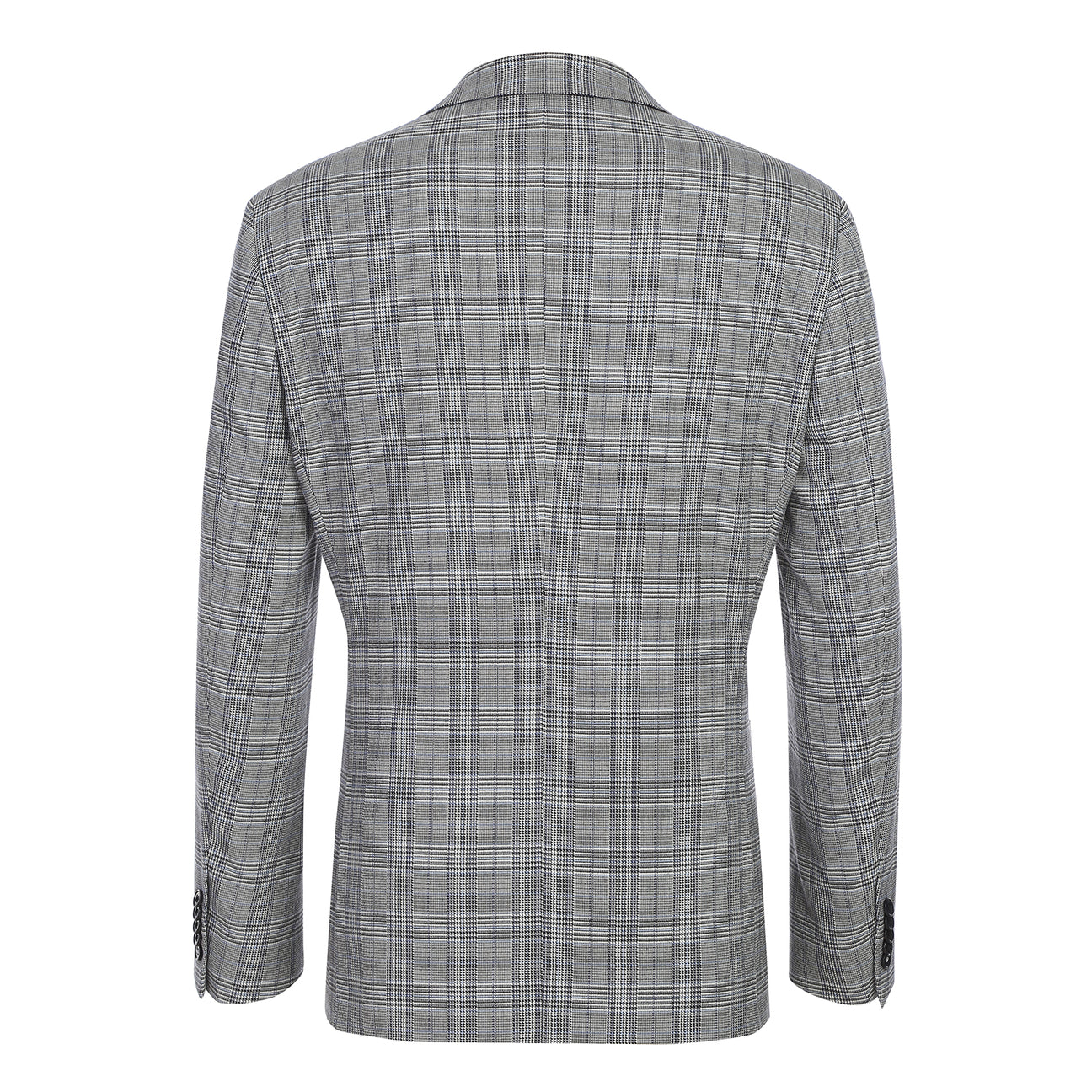English Laundry 2pc Suit Light Gray 32-50-002EL: Men’s slim-fit single-breasted grey plaid blazer with two-button closure, two front pockets, and a blue patterned lining—versatile for any modern wardrobe. Displayed on a white background.