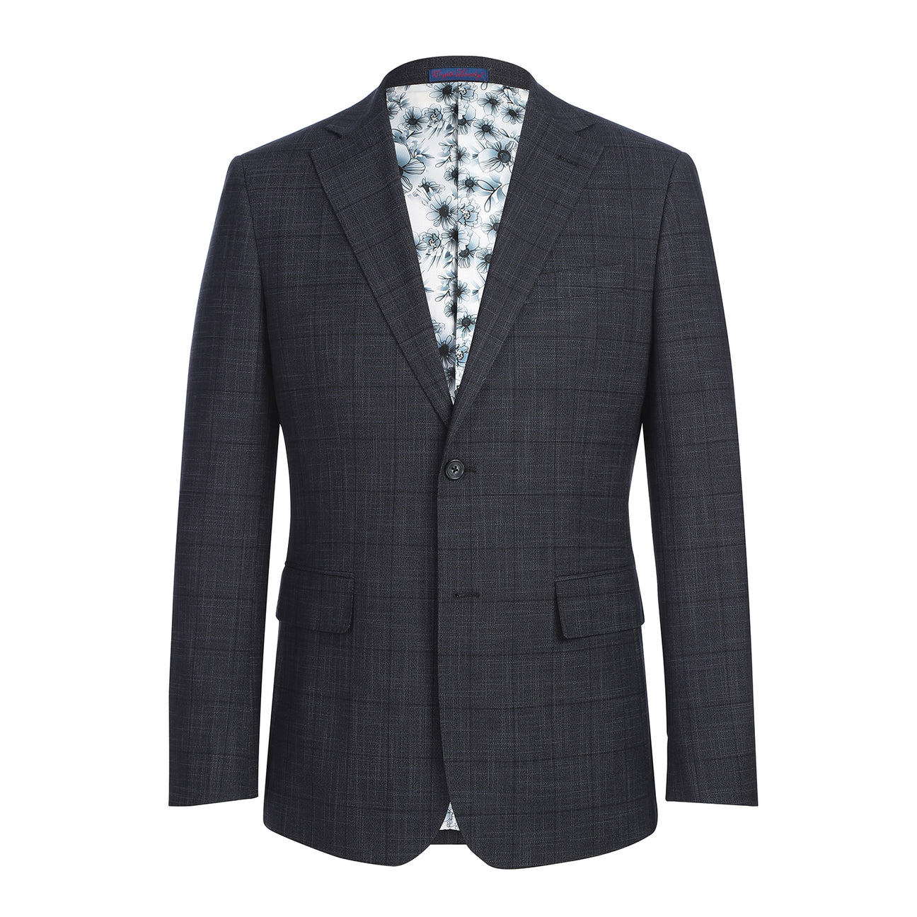 The ENGLISH LAUNDRY Dark Gray Check Suit 22-53-095EL by English Laundry features a slim fit jacket with notch lapels, shown over a white dress shirt and red polka dot tie on a mannequin.