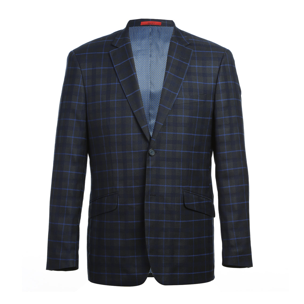 The Renoir Alessandro Vitello Blue Slim Fit Checked Suit (Blue 293-27) is displayed on a headless mannequin, paired with a white dress shirt and blue-striped tie.