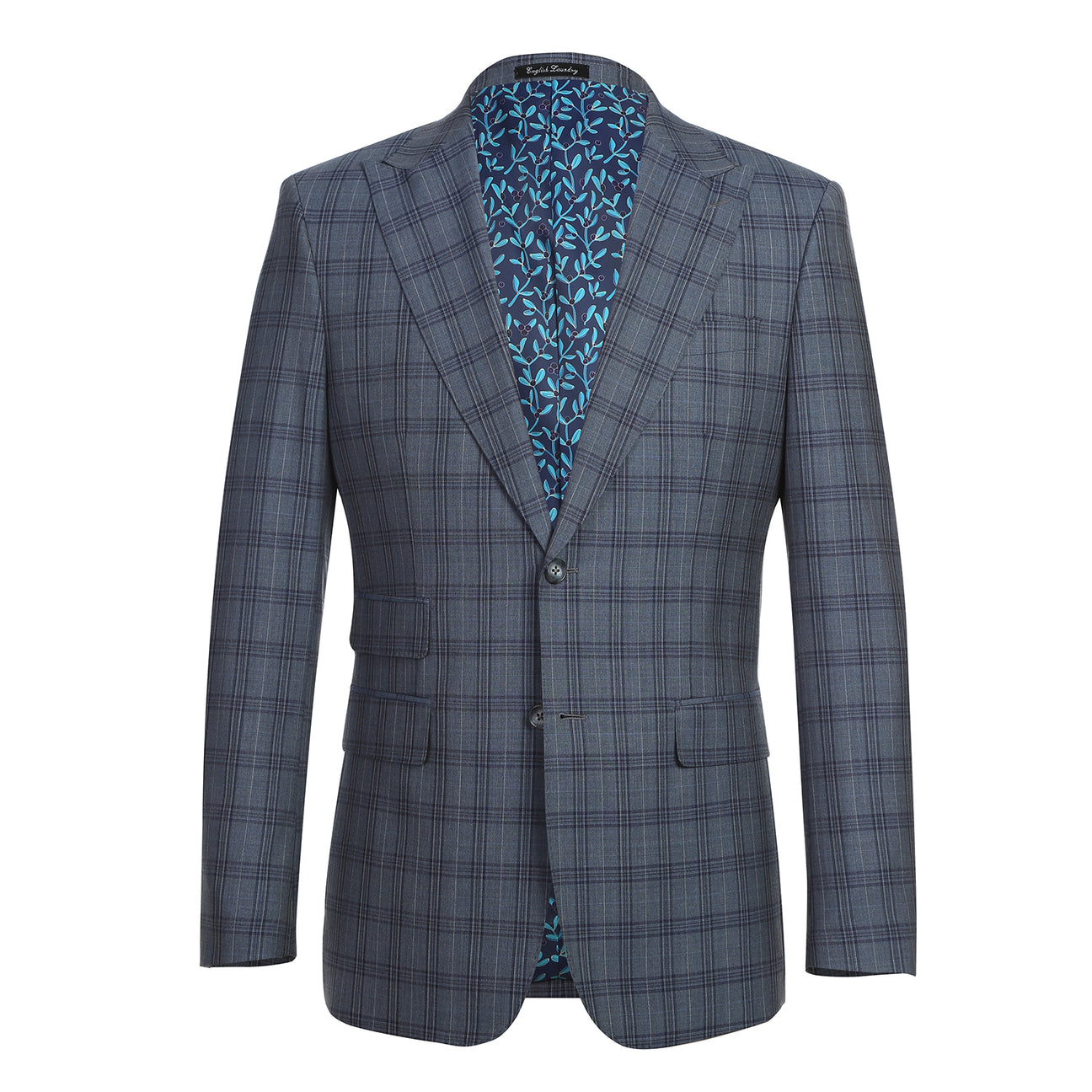 The ENGLISH LAUNDRY Wool Suit EL92-57-093 by English Laundry features a gray plaid slim-fit jacket over a white dress shirt with a red patterned tie, displayed on a mannequin.