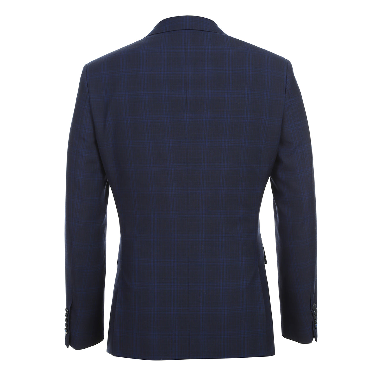 The ENGLISH LAUNDRY Dark Blue Wool Suit EL92-58-555 by English Laundry is a slim fit, plaid wool blazer with two buttons, notch lapels, flap pockets, and a patterned inner lining, shown against a white background.
