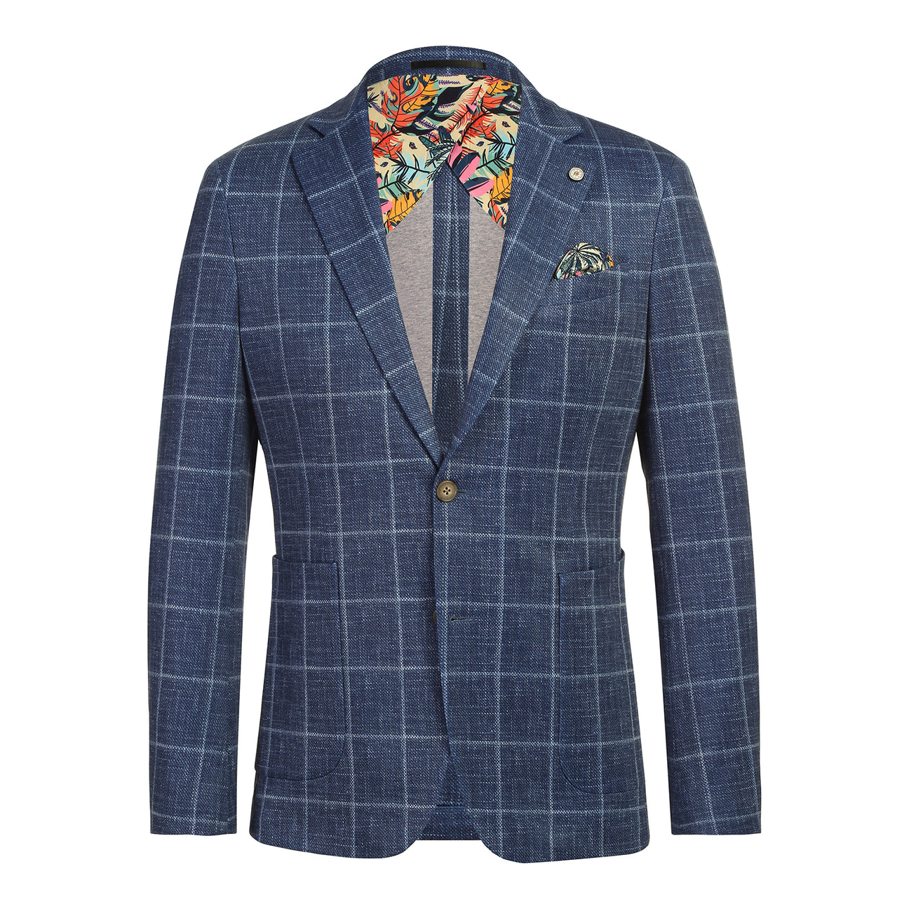 The Pellagio Riserva JKT Blazer PS25-6 by Pellagio is a blue plaid slim fit blazer with notched lapel, single button closure, and chest pocket with pocket square, styled over a white shirt and striped tie on a mannequin.