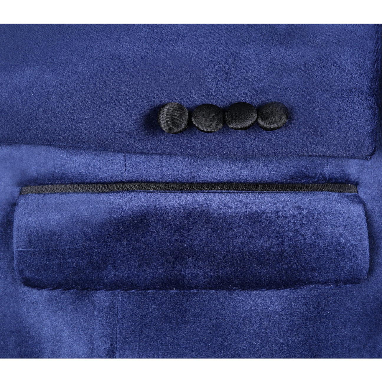 Close-up of the Alessandro Vitello by Renoir Slim Fit Stretch Blue Tuxedo Blazer 290-7, featuring blue velvet, a black satin lapel, blue satin lining, and red label—ideal as an elegant dinner jacket or for formal occasions.