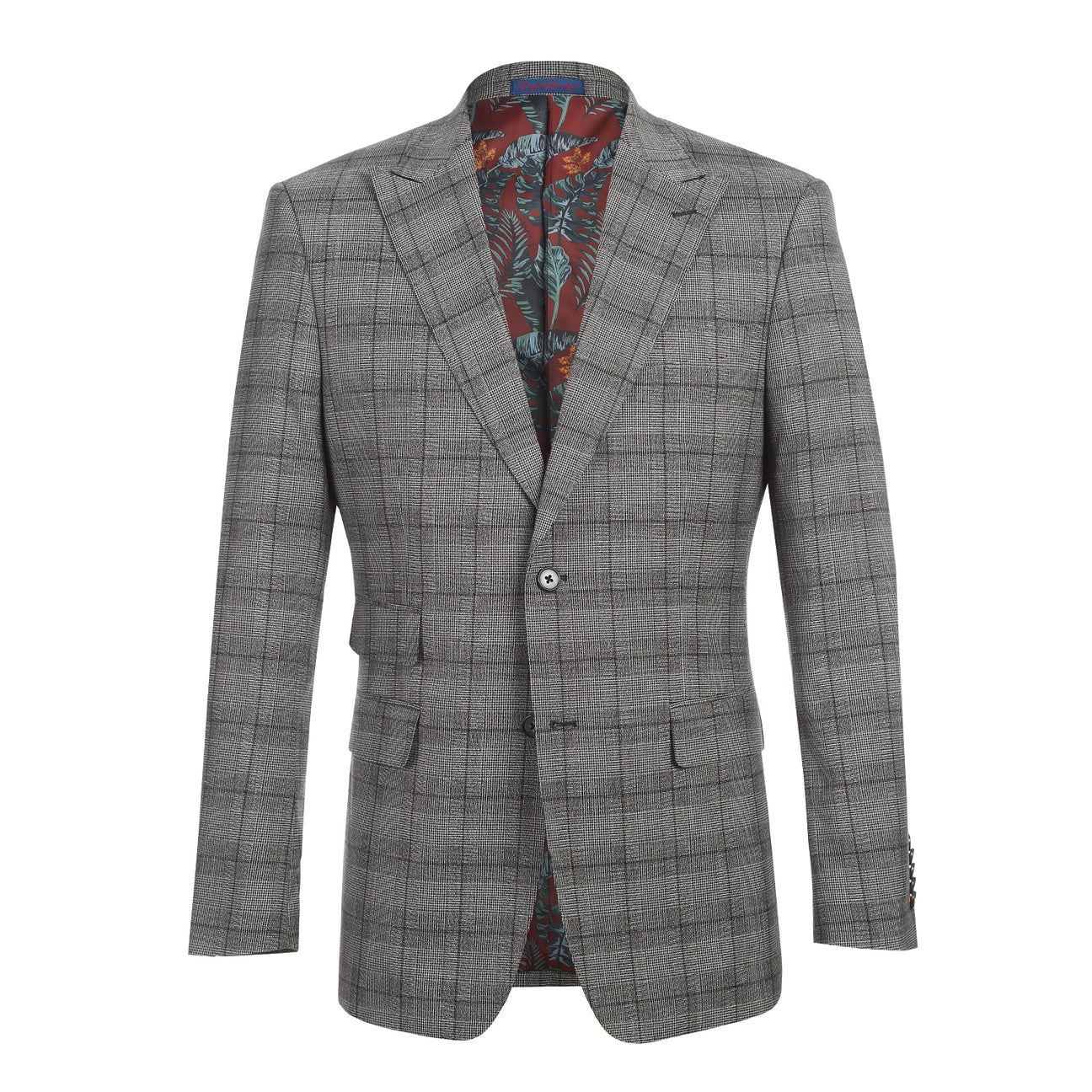 The ENGLISH LAUNDRY Gray Check Suit 22-60-002EL by English Laundry is displayed on a mannequin with a two-button closure, paired with a white dress shirt and a subtly patterned blue tie.
