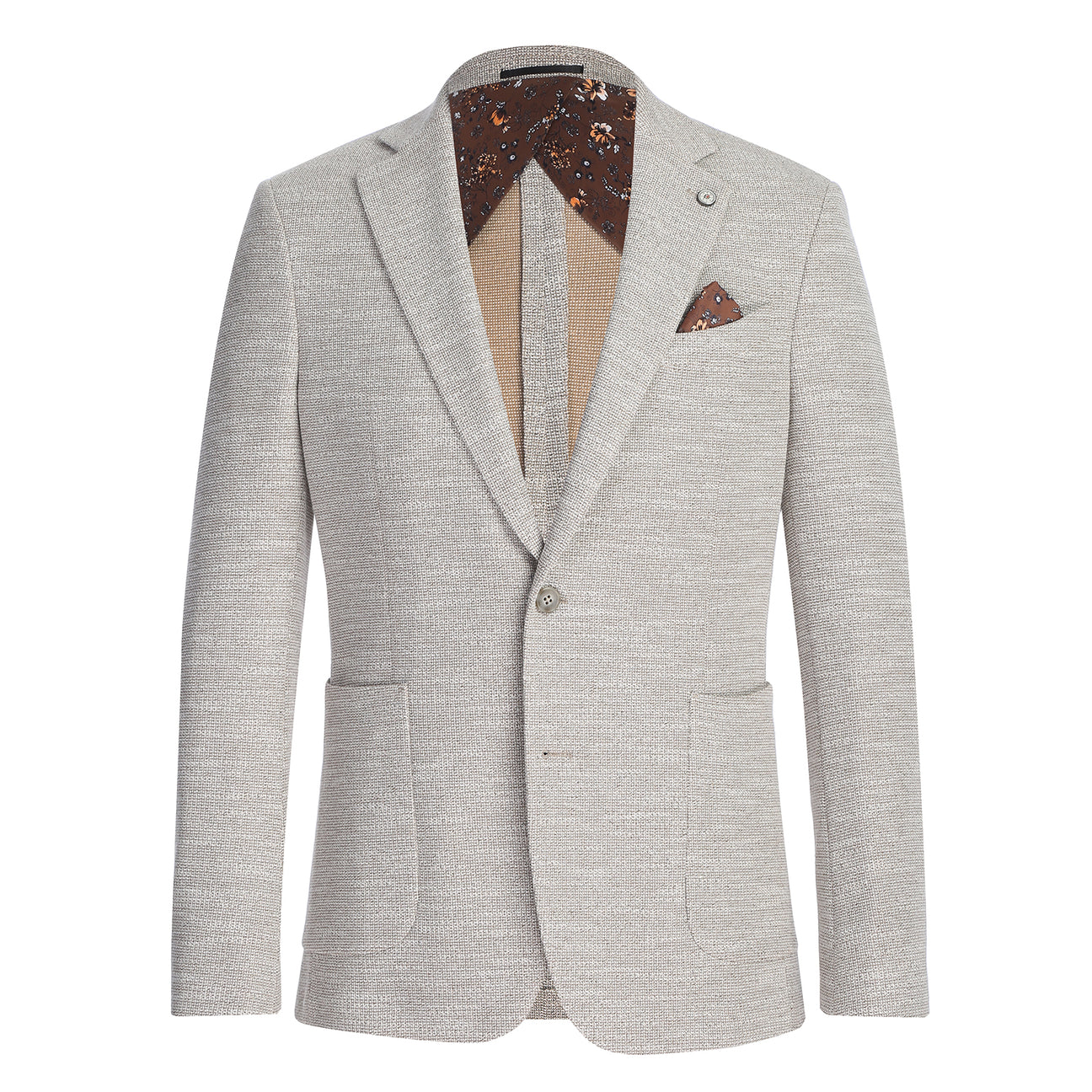 The Pellagio Camel Men's Slim Fit Riserva Jacket PS26-10 features textured fabric, notch lapels, two buttons, front pockets, and comes with a brown pocket square, shown over a white shirt and patterned dark tie on a mannequin.