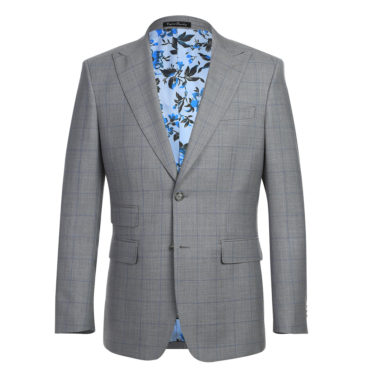 The ENGLISH LAUNDRY Wool Suit EL92-55-092 by English Laundry is a gray plaid wool slim-fit jacket with notch lapels, two buttons, and flap pockets, displayed over a white shirt and blue tie on a mannequin.